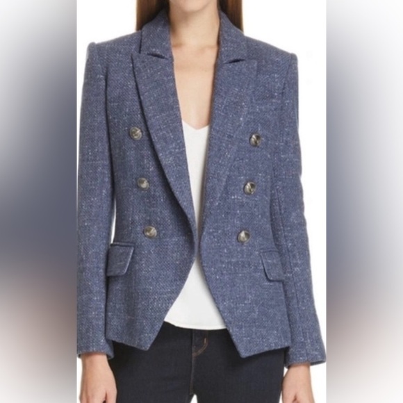 L’Agence Kenzie double breasted blazer tweed jacket  blue melange - Picture 3 of 6